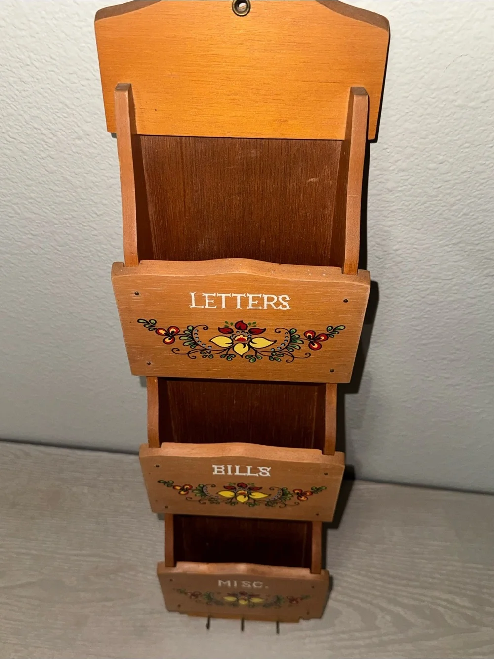 vintage three-tier wooden wall mail organizer hand-painted floral, labeled